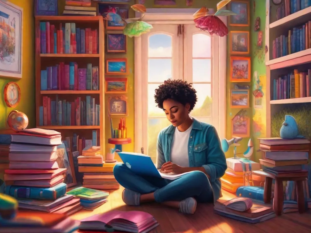 Uma imagem vibrante de uma pessoa sentada em um canto aconchegante, cercada por livros, materiais de arte e um caderno. Seus olhos estão fechados e um sorriso de pura alegria se espalha pelo rosto enquanto sua imaginação decola. O quarto está cheio de obras de arte coloridas e decorações caprichosas, inspirando uma criatividade infinita.