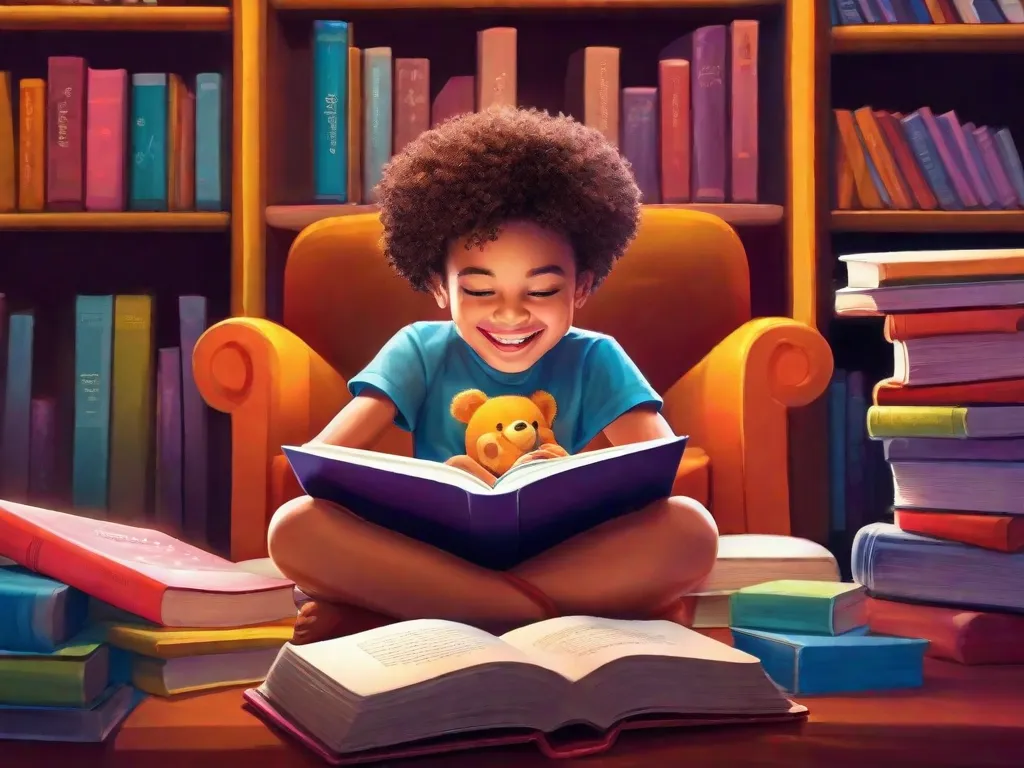 Uma ilustração colorida de uma criança sentada em um cantinho aconchegante, cercada por livros. A criança está absorta na leitura de um livro, com um sorriso largo no rosto. Os livros ao redor estão repletos de personagens vibrantes e mundos imaginativos, representando o poder da literatura infantil em estimular a criatividade e apoiar o desenvolvimento infantil.
