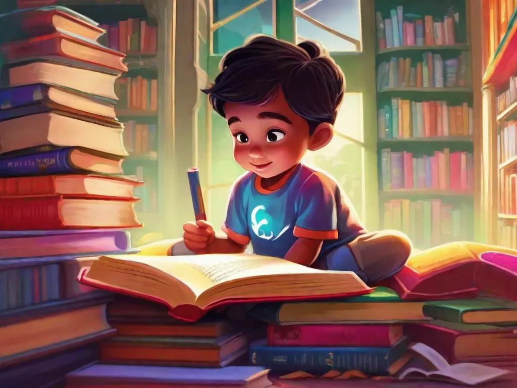 Uma imagem vibrante de uma criança sentada em um cantinho aconchegante, cercada por uma torre de livros coloridos. A criança está absorta na leitura, com uma expressão de admiração e empolgação no rosto. Os livros ganham vida, com personagens e cenas saltando das páginas, criando uma atmosfera mágica que desperta a imaginação da criança e estim