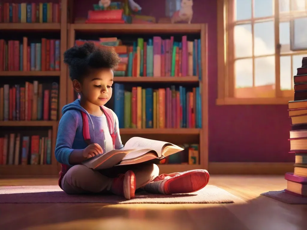 Uma imagem vibrante de uma criança sentada em um cantinho aconchegante, cercada por uma torre de livros coloridos. A criança está absorta na leitura, com uma expressão de admiração e empolgação no rosto. Os livros ganham vida, com personagens e cenas saltando das páginas, criando uma atmosfera mágica que desperta a imaginação da criança e estim