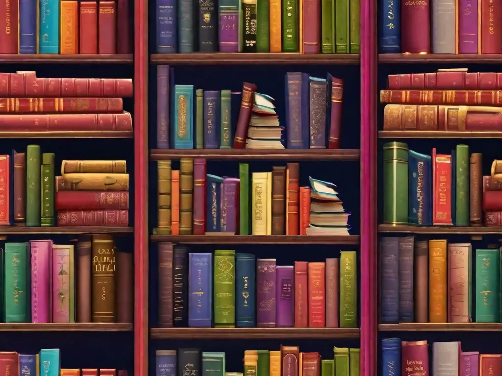 Uma estante colorida cheia de uma variedade de livros infantis, que vão desde contos de fadas clássicos até histórias educativas. Os livros estão organizados de forma arrumada, convidando as crianças a explorar o mundo mágico da literatura e despertando a imaginação delas.