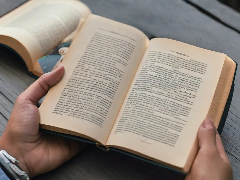 Uma imagem em close-up de uma mão segurando um livro aberto, com as páginas abertas. O foco está nas palavras na página, enfatizando a importância da leitura no aprimoramento do desenvolvimento cognitivo. A imagem transmite uma sensação de curiosidade e crescimento intelectual.