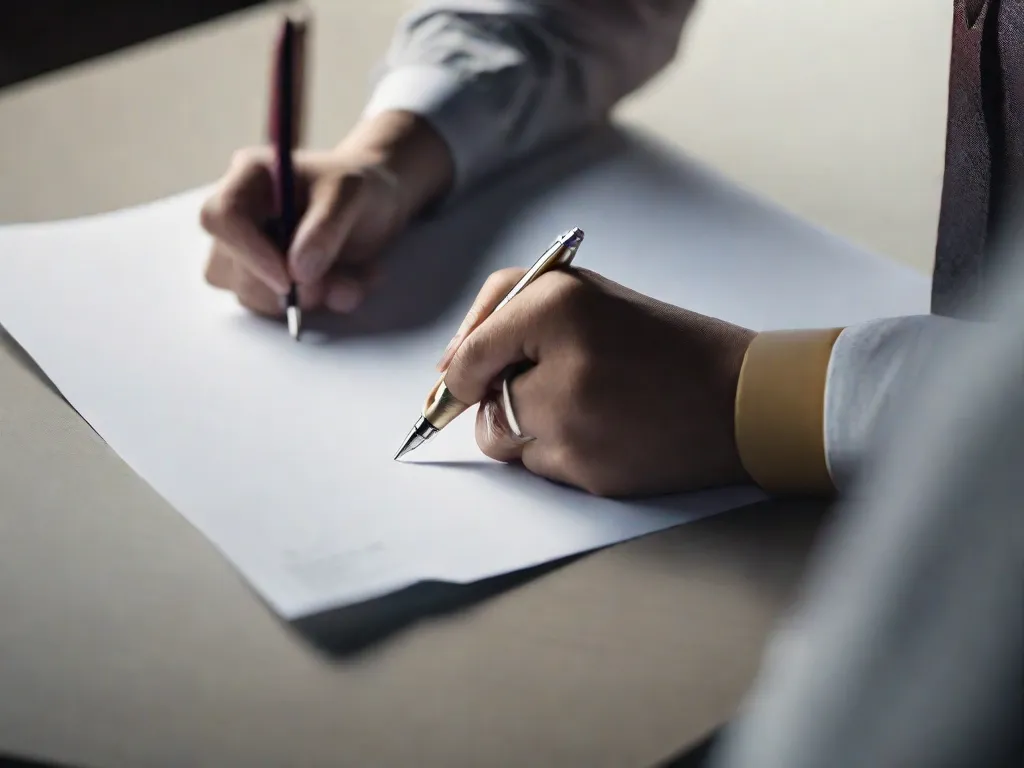 Uma imagem em close-up da mão de uma pessoa segurando uma caneta, pronta para escrever em uma folha de papel em branco. O foco está na caneta, simbolizando o poder da linguagem e da comunicação. A imagem representa o processo de construção de ideias por meio da expressão escrita e o desenvolvimento de habilidades eficazes de comunicação.