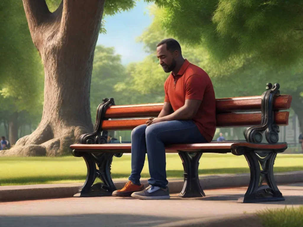 Descrição: Uma imagem emocionante de um pai e seu filho pequeno sentados juntos em um banco de parque, envolvidos em uma conversa profunda. O braço do pai está envolto no ombro da criança, mostrando o forte vínculo e conexão emocional entre eles.