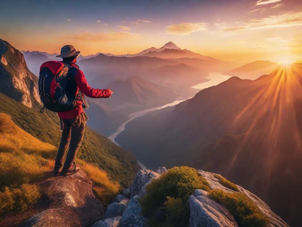 Tema: Aventuras de Viagem

Descrição: Uma imagem vibrante captura a essência das aventuras de viagem. Em um cenário de montanhas majestosas, um mochileiro solitário fica em um penhasco, com os braços estendidos, abraçando a vista deslumbrante. O sol se põe em um espetáculo ardente, lançando um brilho quente na
