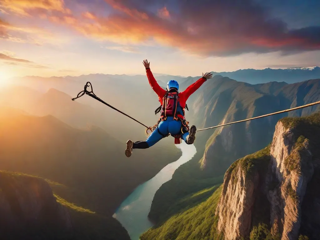 Uma imagem de tirar o fôlego captura um aventureiro destemido suspenso no ar, praticando bungee jump de um penhasco imponente. Com os braços estendidos e um sorriso triunfante, eles abraçam a emoção do momento, cercados por uma paisagem de montanhas acidentadas e um céu vibrante ao pôr do sol. A personificação da a