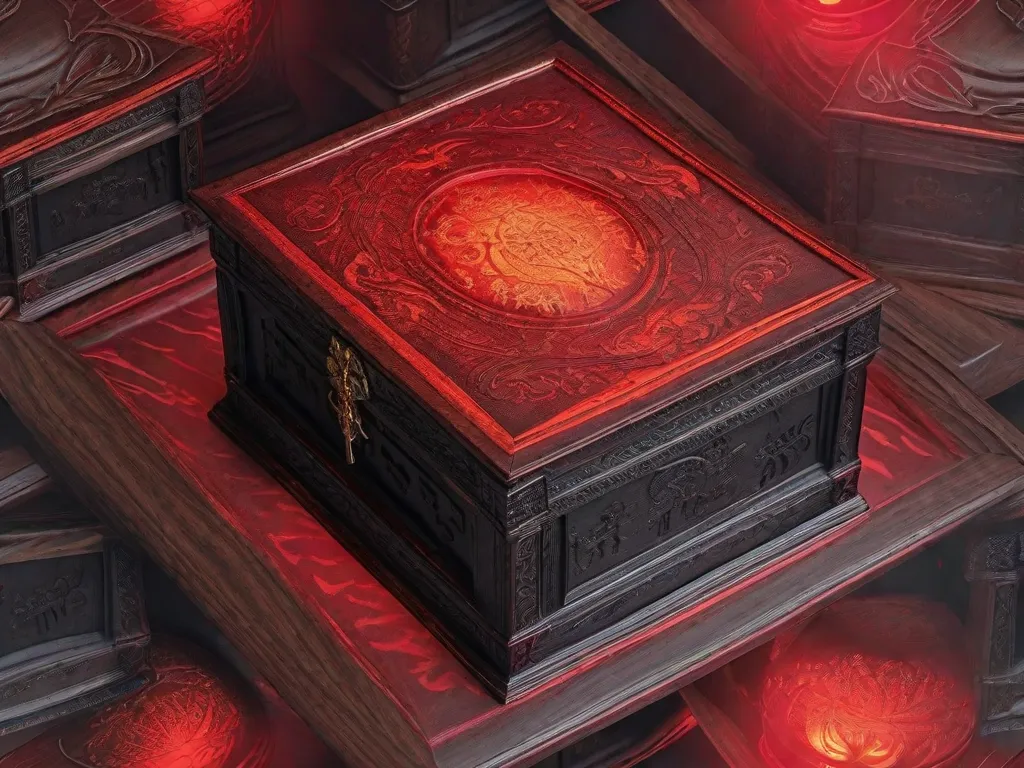 Descrição: Uma imagem escura e misteriosa de uma caixa de madeira adornada com gravuras intricadas. A caixa emite um brilho vermelho assustador de dentro, lançando sombras assombradoras na superfície ao redor. Ela exala um senso de poder proibido e guarda os segredos de peças infernais que poderiam desencadear o caos no mundo.