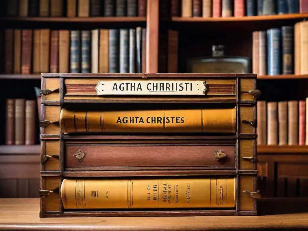 Uma caixa de madeira antiga está sobre uma estante empoeirada, adornada com etiquetas desbotadas dos icônicos romances de Agatha Christie. A caixa está cheia de páginas amareladas, pistas frágeis e reviravoltas misteriosas, capturando a essência do cativante mundo de crime e suspense da lendária autora.