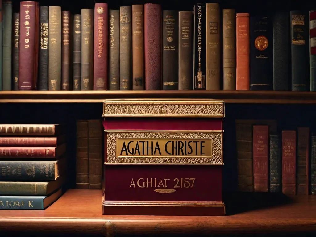 Uma caixa de madeira antiga está sobre uma estante empoeirada, adornada com etiquetas desbotadas dos icônicos romances de Agatha Christie. A caixa está cheia de páginas amareladas, pistas frágeis e reviravoltas misteriosas, capturando a essência do cativante mundo de crime e suspense da lendária autora.