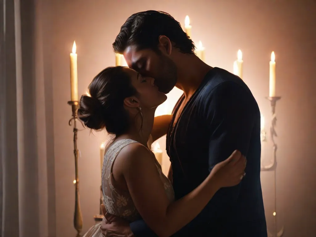 Descrição: Em uma sala levemente iluminada, um casal se abraça apaixonadamente. Seus corpos estão entrelaçados enquanto compartilham um beijo apaixonado. A luz suave das velas lança um brilho quente em seus rostos, intensificando seu desejo. Seu amor transcende as fronteiras do comum, criando uma conexão sobrenatural e ardente entre eles.
