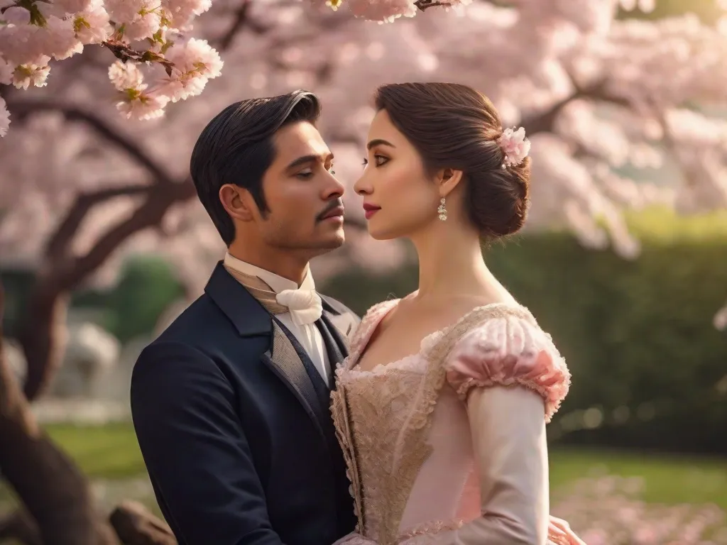 Em um jardim exuberante, um casal vestido elegantemente com trajes do século XIX se abraça sob uma árvore de cerejeira em plena floração. Seus olhares se encontram ternamente, transmitindo uma história de amor atemporal. A luz suave do sol os banha em um brilho caloroso, adicionando ao encanto desse romance clássico de época.