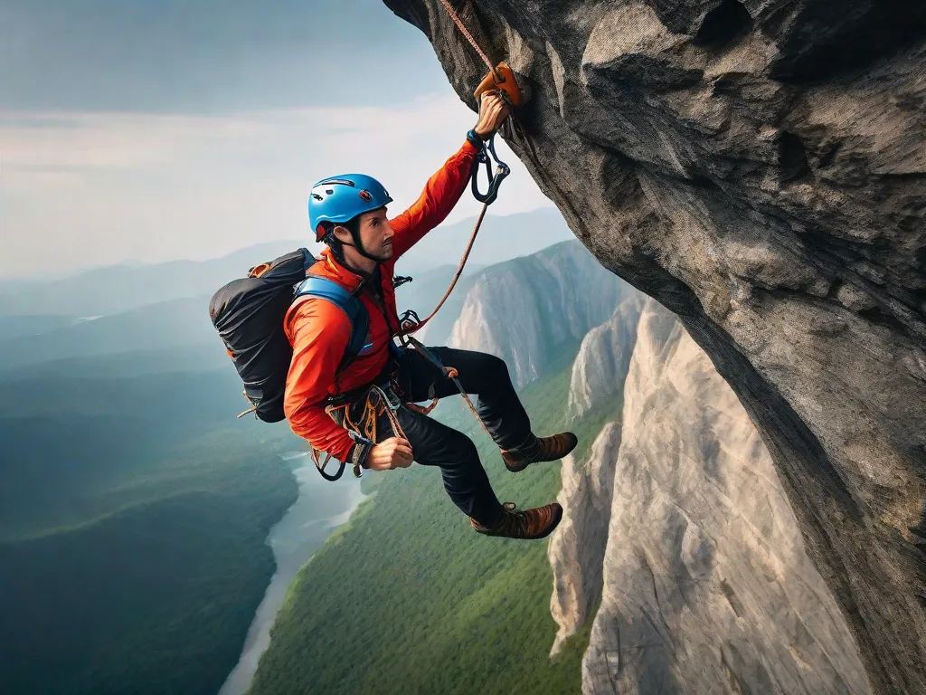 Uma imagem emocionante captura a essência da ação e da aventura. Um destemido escalador de rochas fica suspenso no ar, desafiando a gravidade enquanto conquista um penhasco imponente. A intensa determinação em seu rosto reflete a busca por emoção impulsionada pela adrenalina e o triunfo de superar os próprios limites.