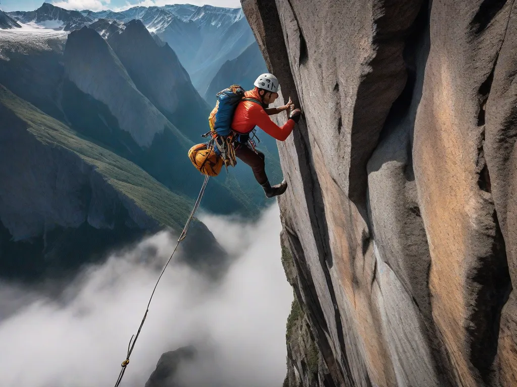 Uma imagem emocionante captura a essência da ação e da aventura. Um destemido escalador de rochas fica suspenso no ar, desafiando a gravidade enquanto conquista um penhasco imponente. A intensa determinação em seu rosto reflete a busca por emoção impulsionada pela adrenalina e o triunfo de superar os próprios limites.