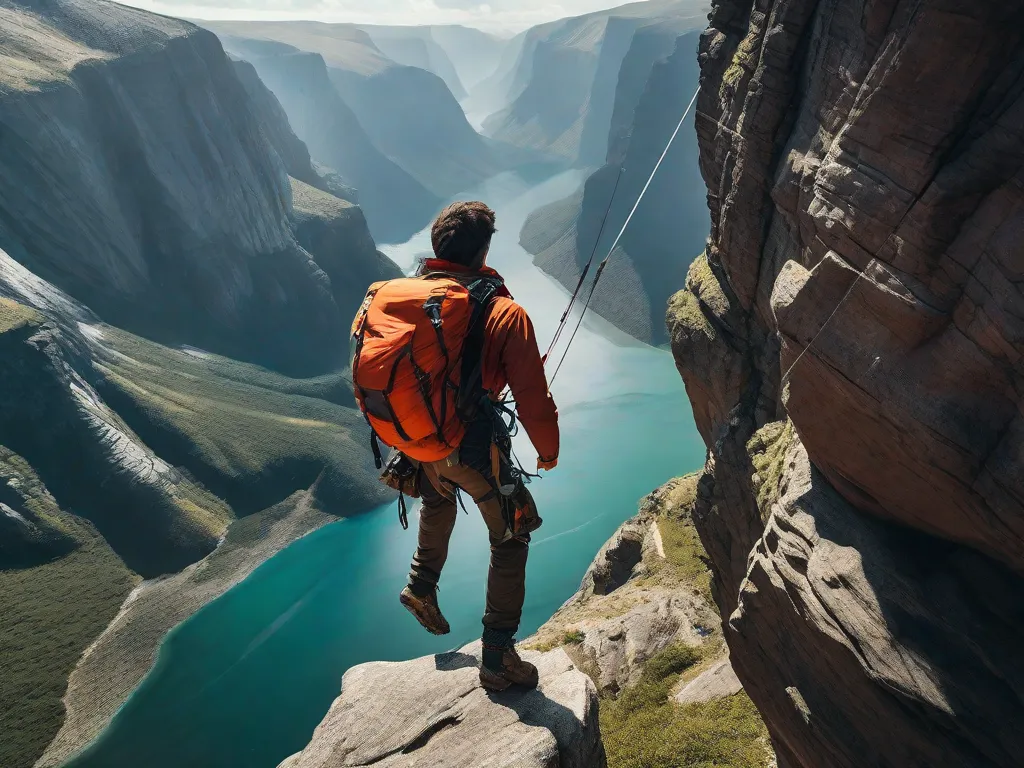 Uma imagem deslumbrante captura um destemido aventureiro escalando um penhasco imponente, seu corpo suspenso no ar. A paisagem áspera abaixo mostra o poder bruto da natureza, enquanto a busca cheia de adrenalina pela aventura simboliza a emoção e empolgação que aguardam aqueles que buscam ação e aventura.