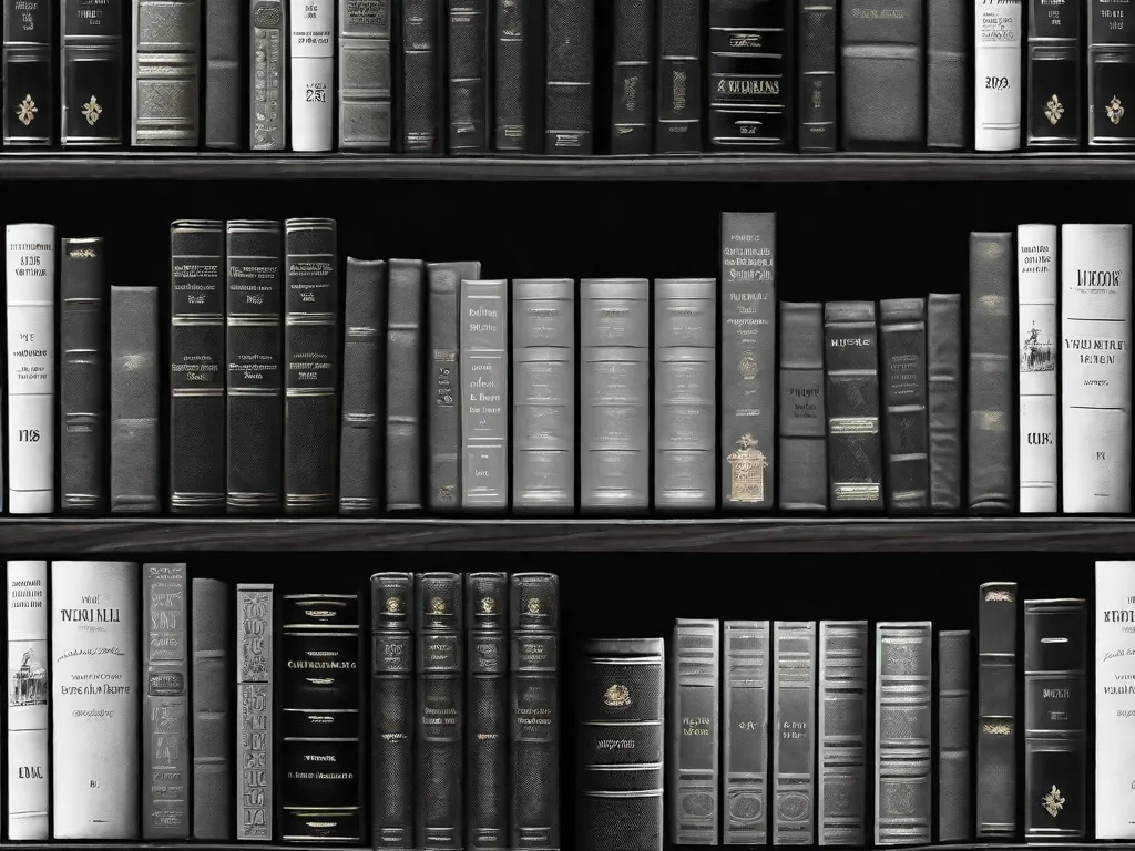 Uma imagem em preto e branco de uma estante de livros vintage encadernados em couro, repleta de clássicos literários atemporais. Os livros estão organizados de forma impecável, exibindo títulos como 