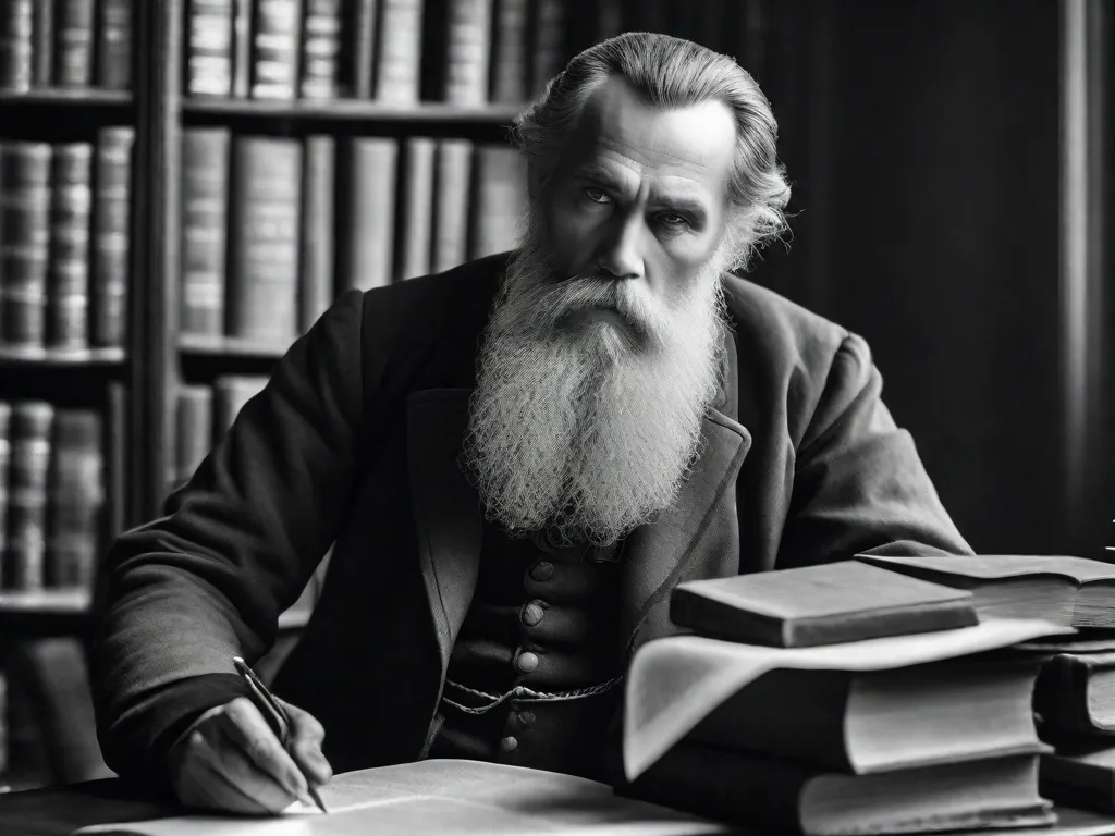 Descrição da imagem: Uma fotografia em preto e branco captura um Leon Tolstói sábio e contemplativo. Ele está sentado em uma mesa, cercado por livros e papéis, seu rosto marcado pelo peso de pensamentos profundos. A imagem incorpora a essência de um gênio literário, cujas palavras continuam a ressoar com leitores ao longo das gerações.