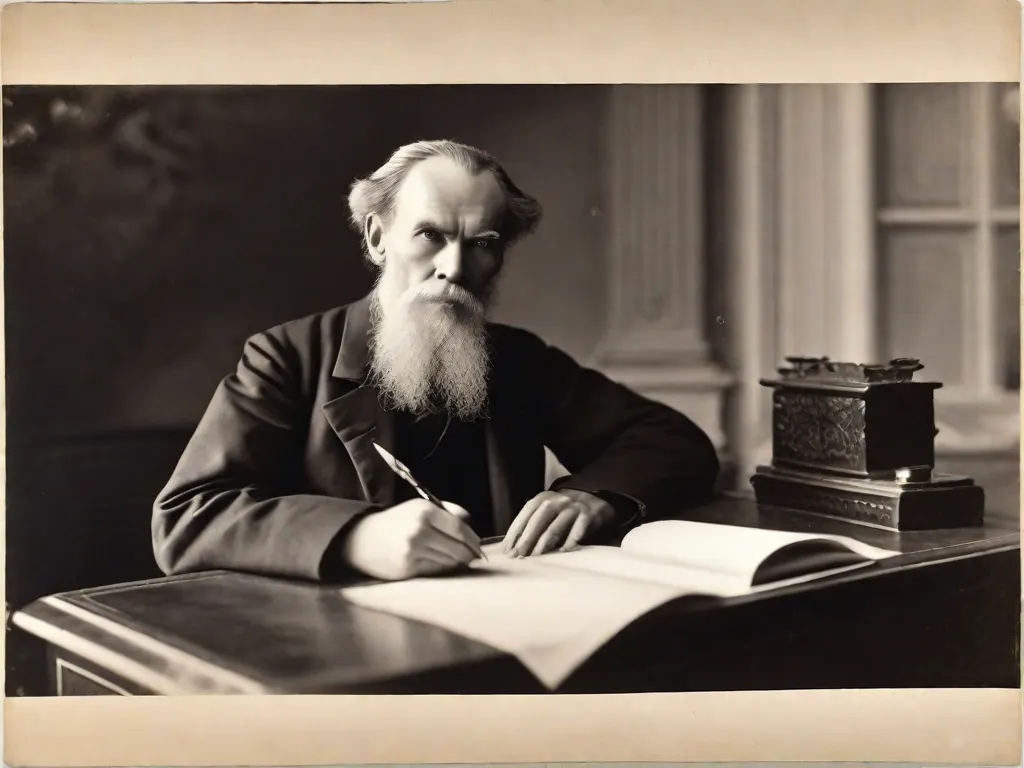 Descrição da imagem: Uma fotografia em preto e branco de Leo Tolstoy, um renomado escritor russo, sentado em uma mesa com uma caneta na mão. Ele usa uma expressão pensativa, com os olhos focados no papel à sua frente. A imagem captura a essência do brilhantismo intelectual e criativo de Tolstoy.