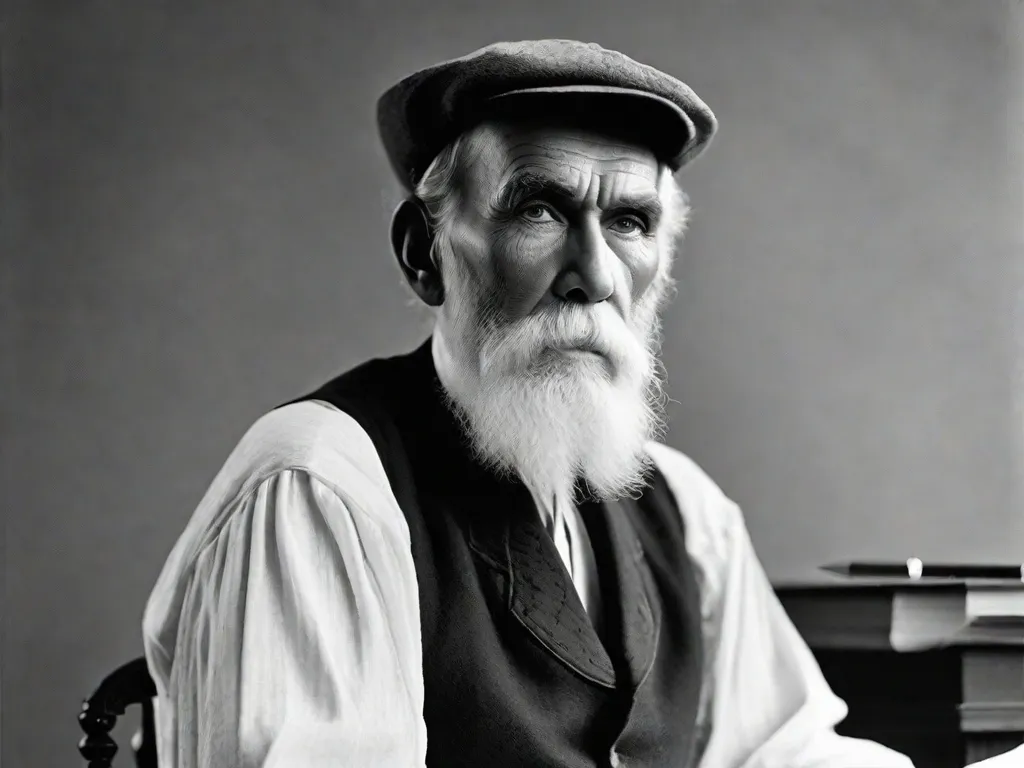 Descrição da imagem: Uma fotografia em preto e branco de um homem sábio e idoso, Leon Tolstoy, sentado em uma mesa com uma caneta na mão. Seu rosto está repleto de linhas e rugas profundas, refletindo uma vida inteira de sabedoria e contemplação. A intensidade em seus olhos sugere uma compreensão profunda da condição humana.