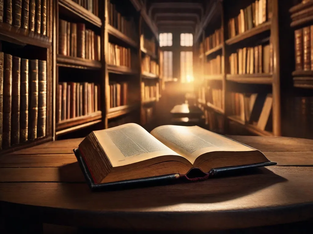 Um livro desgastado com capa de couro repousa aberto sobre uma mesa de madeira, suas páginas amareladas pelo tempo. Ao fundo, uma biblioteca pouco iluminada está repleta de fileiras e mais fileiras de estantes empoeiradas, cada uma guardando um tesouro de clássicos literários. A imagem captura a beleza atemporal e o legado duradouro da literatura clá