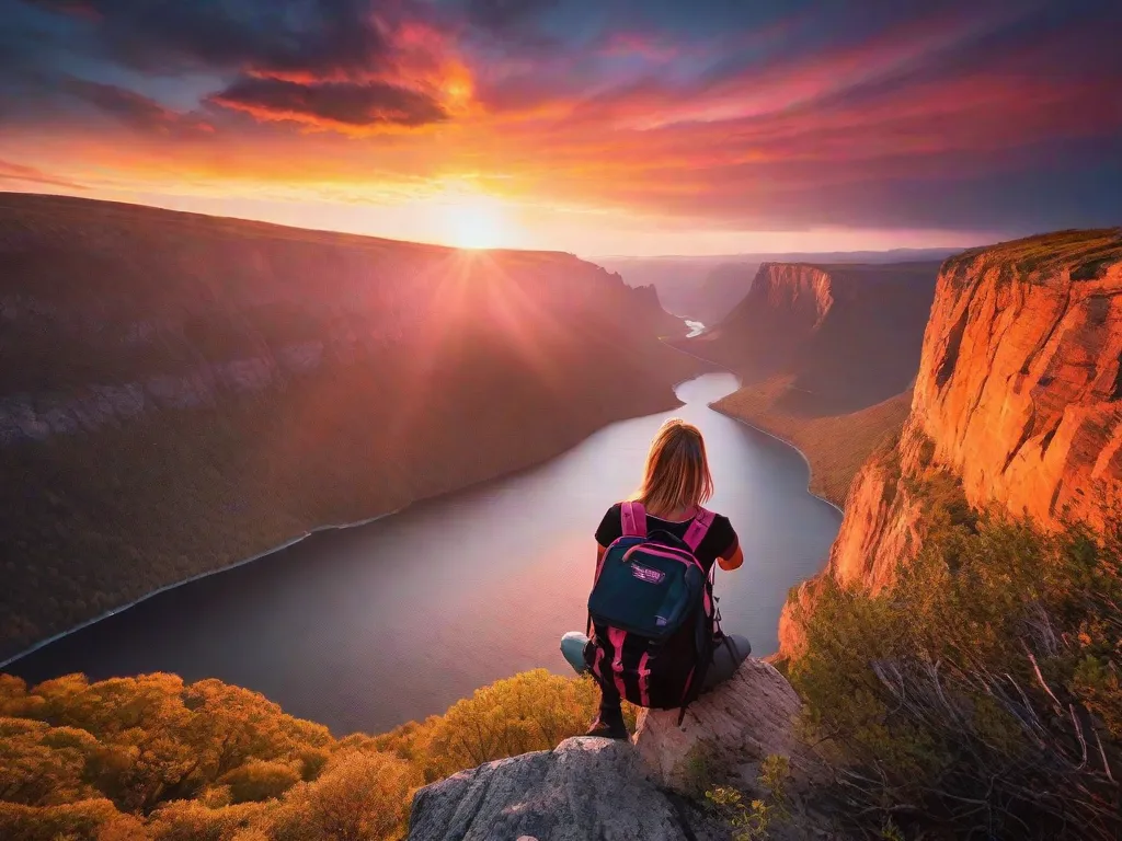 Tema: Viajando Sozinha

Descrição: Uma imagem vibrante de uma mulher em pé na beira de um penhasco, contemplando um pôr do sol deslumbrante. Ela está usando uma mochila e olhando para a vasta paisagem aberta, representando a liberdade e a aventura de viajar sozinha. As cores do pôr do sol pintam o céu em tons de l