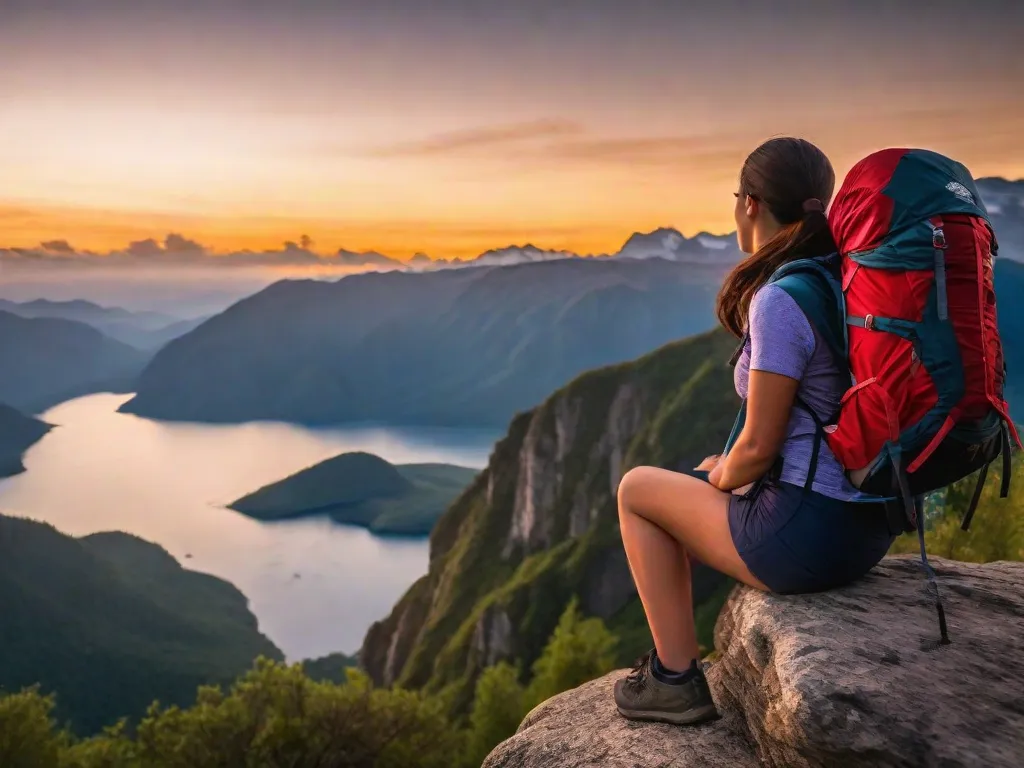 Tema: Aventuras de Viagem

Descrição: Uma imagem vibrante captura a essência das aventuras de viagem. Em um cenário de montanhas majestosas, um mochileiro solitário fica em um penhasco, com os braços estendidos, abraçando a vista deslumbrante. O sol se põe em um espetáculo ardente, lançando um brilho quente na