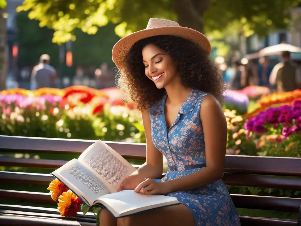 Uma imagem vibrante de uma mulher sentada em um banco de parque, cercada por uma variedade colorida de flores. Ela está absorta em um livro, usando um sorriso confiante no rosto. O sol brilha, lançando um brilho caloroso na cena, refletindo a alegria e o contentamento da escrita de Isabela Freitas.