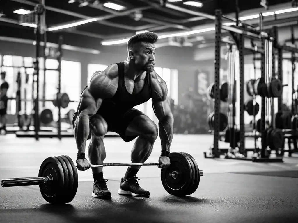 Uma imagem em preto e branco de uma academia cheia de equipamentos de levantamento de peso. No primeiro plano, um homem musculoso é visto fazendo um levantamento terra, mostrando sua força e determinação. A imagem captura a intensidade e o foco da comunidade de levantamento de peso, simbolizando a dedicação e o trabalho árduo necessários no mundo do fisiculturismo.