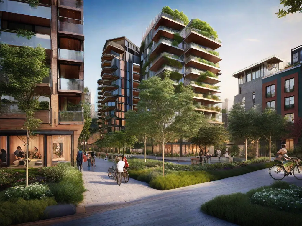 Uma paisagem urbana vibrante emerge, exibindo uma mistura harmoniosa de arquitetura moderna e espaços verdes exuberantes. Edifícios altos e energeticamente eficientes se destacam, cercados por ruas amigáveis aos pedestres adornadas com ciclovias e calçadas arborizadas. Painéis solares brilham nos telhados, aproveitando a energia renovável, enquanto sistemas de cap