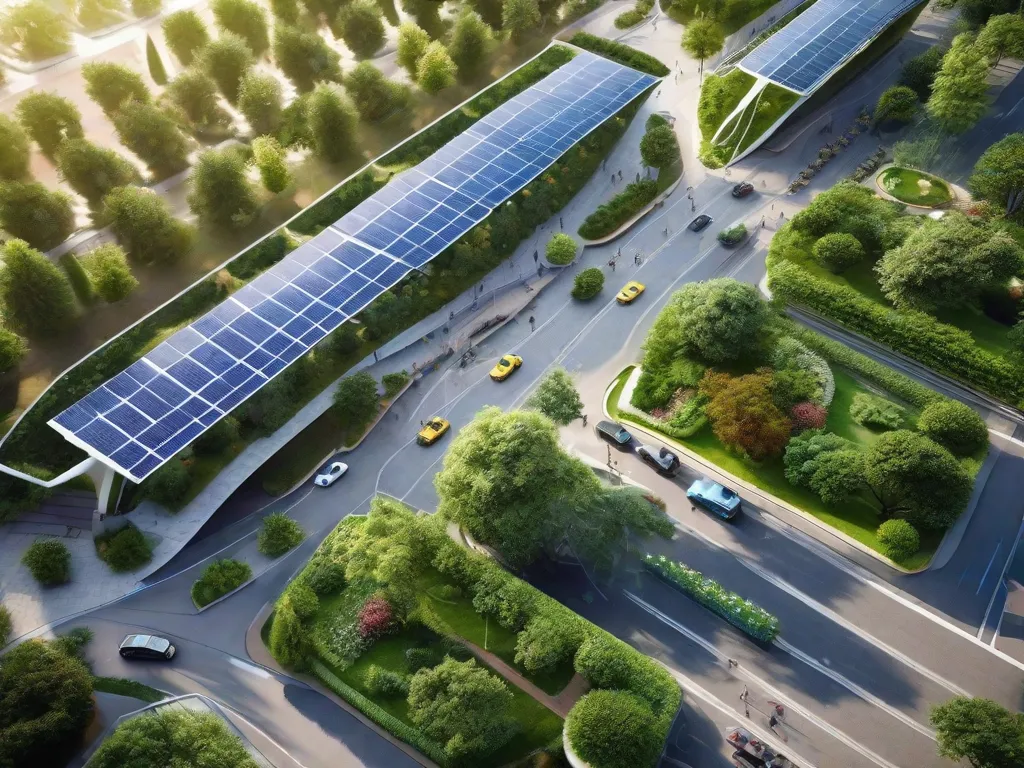 Descrição: Uma paisagem urbana movimentada com arranha-céus modernos cercados por parques e jardins exuberantes. Os prédios possuem painéis solares em seus telhados, enquanto ônibus elétricos e bicicletas navegam pelas ruas. Os pedestres desfrutam de calçadas largas com árvores e bancos, criando um equilíbrio harmon