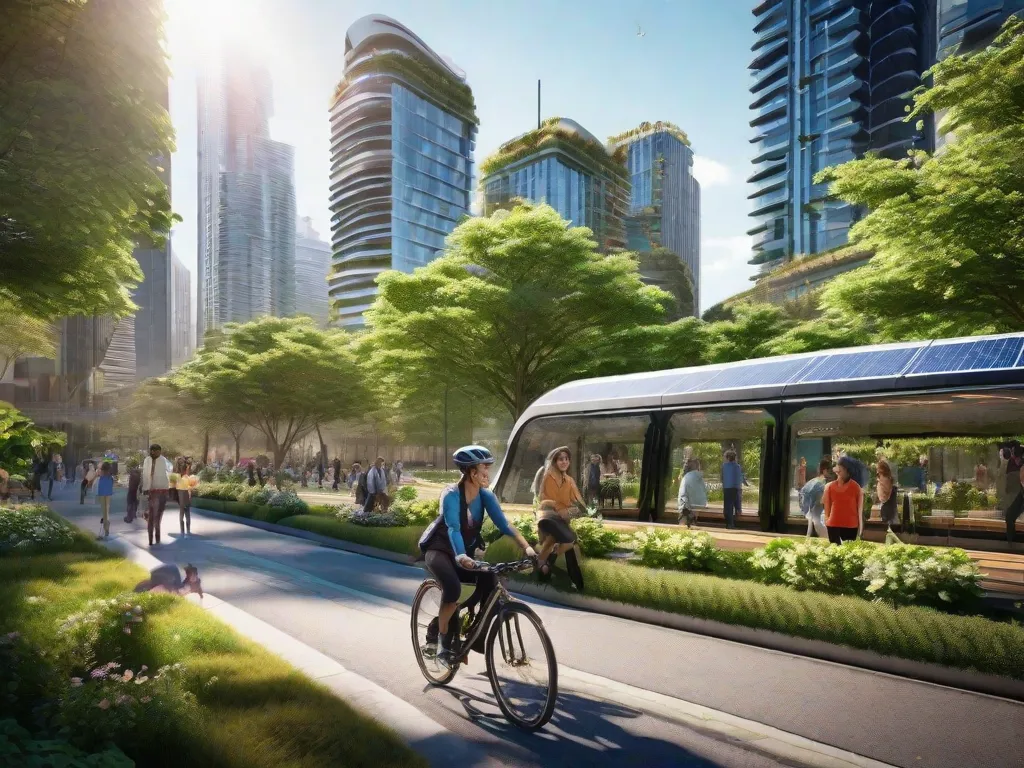Uma paisagem urbana vibrante repleta de arranha-céus modernos, parques verdes exuberantes e uma rede de transporte público eficiente. Pedestres e ciclistas compartilham ruas bem projetadas e seguras, enquanto painéis solares adornam os telhados, aproveitando a energia limpa. Essa imagem captura a essência do planejamento urbano sustentável, onde a natureza e a