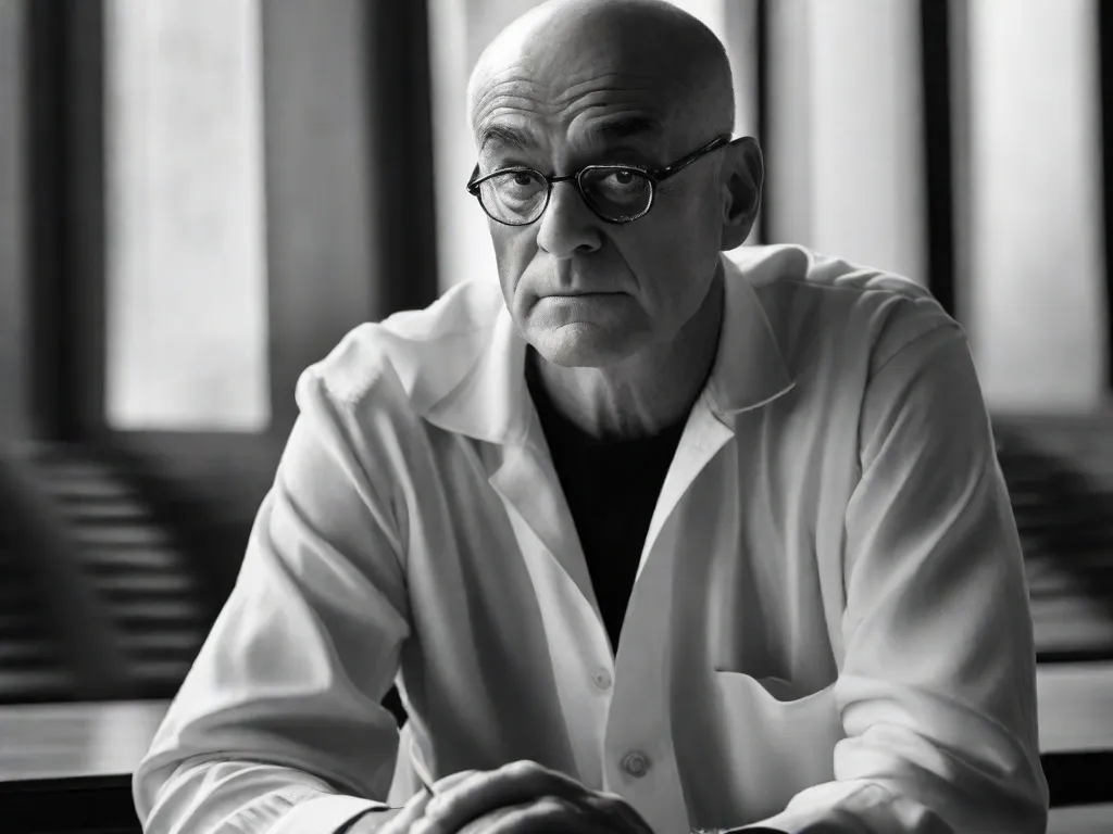 Descrição: Uma fotografia em preto e branco de Ken Wilber, um renomado filósofo e autor, sentado em uma pose contemplativa. Com os olhos fechados e as mãos descansando no colo, ele exala um senso de sabedoria e profundidade. A imagem captura sua presença intelectual e convida à reflexão sobre suas contribuições profundas para a teoria integral.