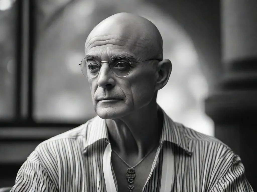 Descrição: Uma imagem em preto e branco de Ken Wilber, um renomado filósofo e autor, sentado em uma pose contemplativa. Seu olhar penetrante reflete uma sabedoria profunda e suas mãos estão suavemente entrelaçadas, simbolizando sua compreensão profunda da interconexão de todas as coisas.