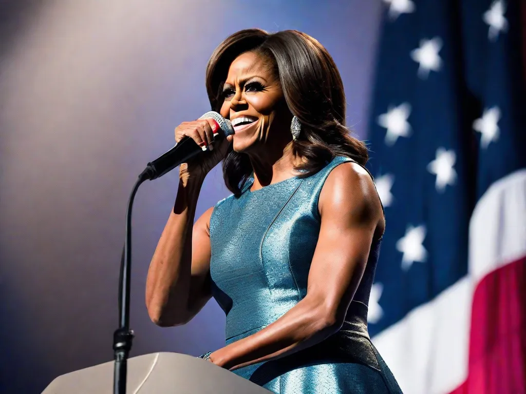 Descrição: Uma imagem poderosa de Michelle Obama em pé em um palco, entregando um discurso inspirador. Ela exala confiança e elegância, cativando a plateia com suas palavras. A imagem captura sua forte presença e compromisso em capacitar os outros.