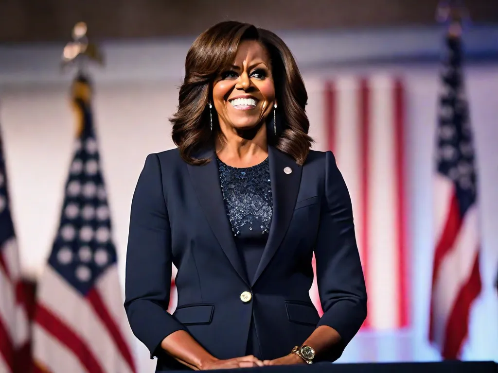 Descrição da imagem: Nesta imagem poderosa, Michelle Obama está alta e confiante, vestindo um vestido vibrante e elegante. Seu sorriso caloroso irradia positividade enquanto ela se dirige a uma plateia diversa, simbolizando seu papel influente como líder e defensora do empoderamento das mulheres, educação e vida saudável.