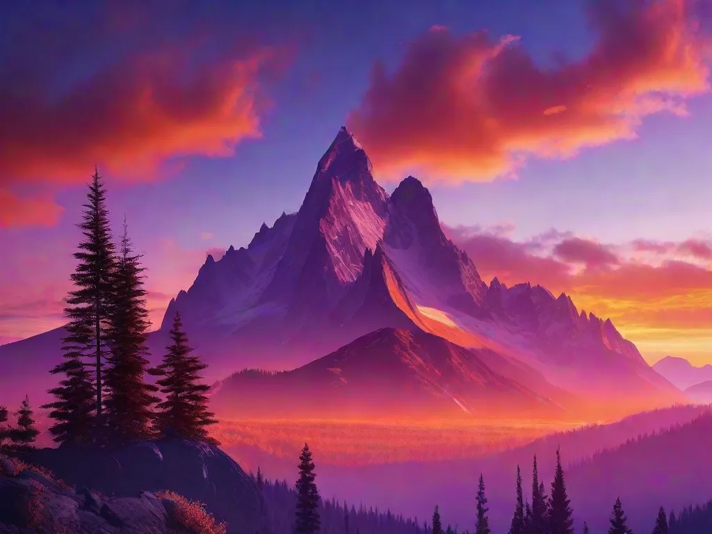 Descrição: Uma imagem de uma paisagem montanhosa serena ao pôr do sol, com tons vibrantes de laranja e roxo preenchendo o céu. Os picos majestosos se erguem altos, representando a vastidão e profundidade da filosofia integral de Ken Wilber, convidando à contemplação e exploração da interconexão de todos os aspectos da vida.