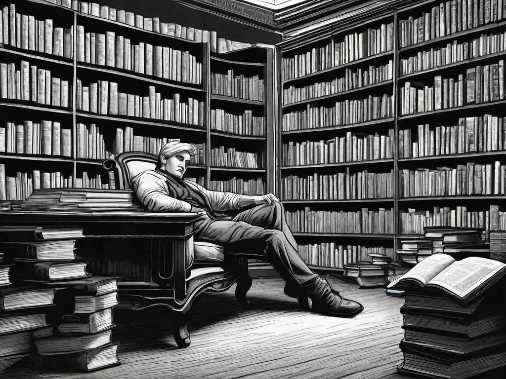 Uma imagem em preto e branco de uma pessoa sentada em um canto aconchegante de uma biblioteca, cercada por pilhas de livros. A pessoa está segurando uma caneta e um caderno, mergulhada em pensamentos, refletindo sobre o papel importante dos críticos literários na formação da indústria editorial através de suas análises e resenhas perspicazes.