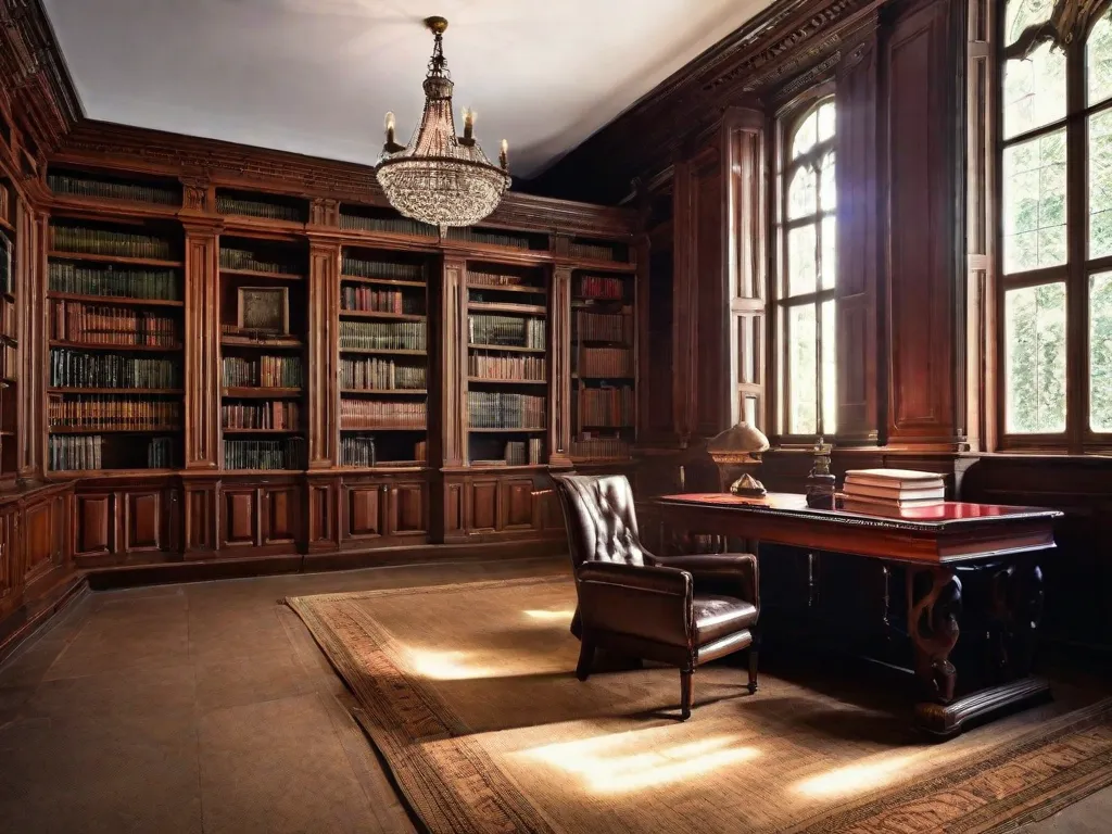 A imagem representa uma biblioteca clássica com estantes altas e elegantes, cheias de livros encadernados em couro. No meio da sala, há uma mesa de madeira polida com uma pena e um tinteiro, evocando a escrita e a busca pelo conhecimento. A iluminação suave destaca a atmosfera intelectual e atemporal do neoclassicismo na literatura.