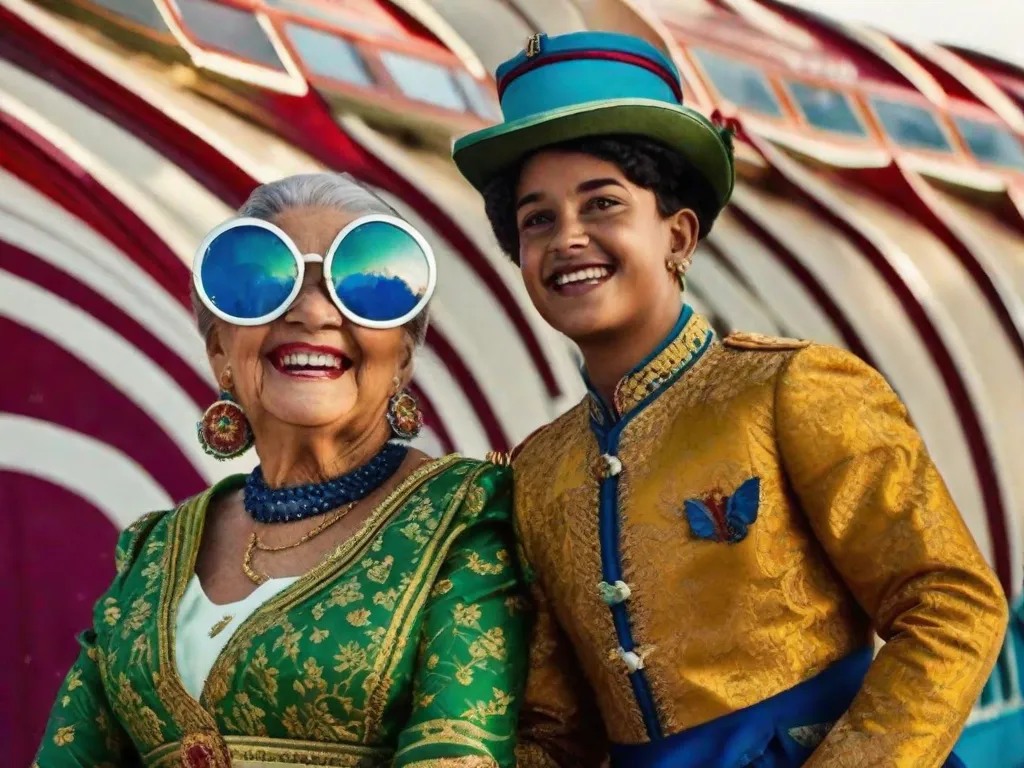 A imagem mostra um casal de idosos sorridentes caminhando pelos trilhos de uma antiga ferrovia. Eles estão de mãos dadas, vestidos com roupas coloridas e chapéus elegantes. O sol está se pondo ao fundo, criando um cenário romântico e encantador.