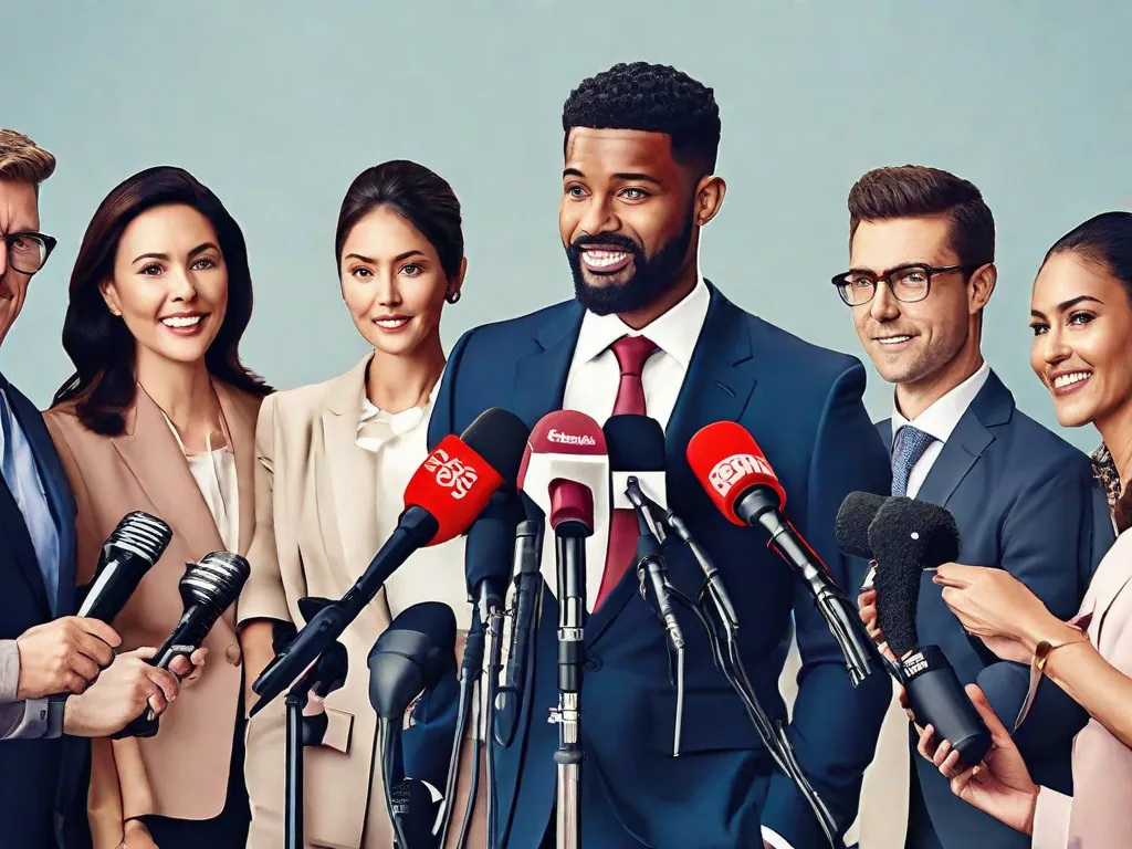 Uma foto de um profissional de negócios falando confiantemente em uma coletiva de imprensa, cercado por jornalistas e microfones. A imagem captura a interação positiva entre o palestrante e a mídia, representando os benefícios de um relacionamento forte com a imprensa na construção de credibilidade, exposição e confiança.