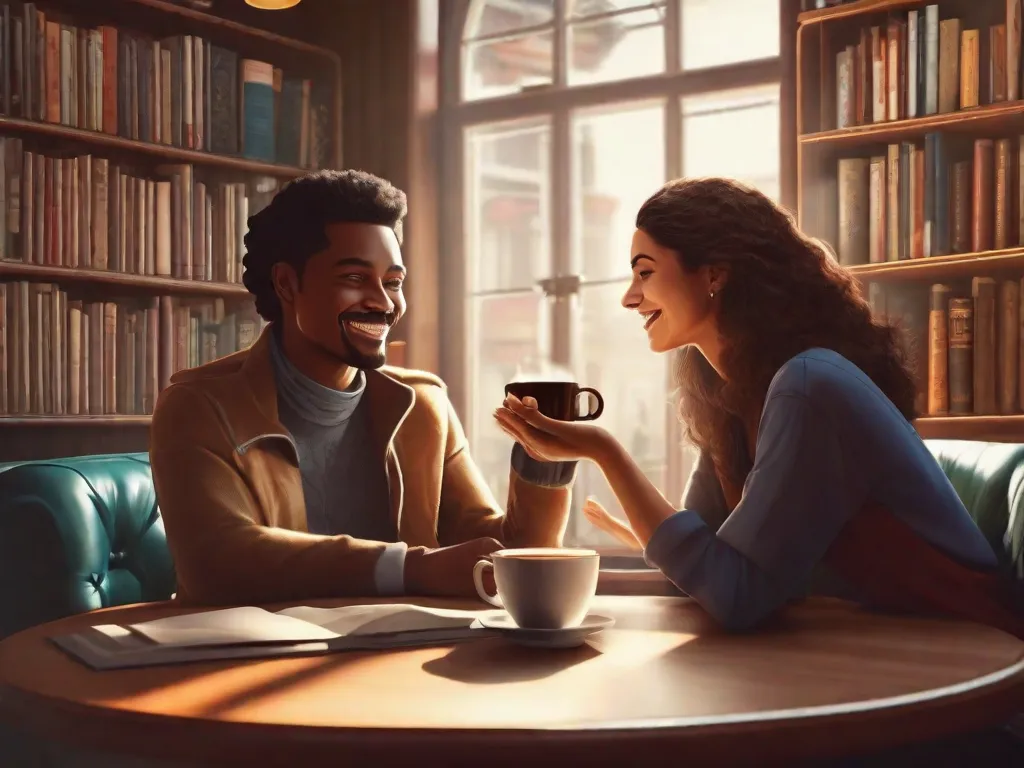 Descrição da imagem: Duas pessoas sentadas em uma mesa aconchegante de uma cafeteria, envolvidas em uma conversa animada. Elas se inclinam uma em direção à outra, gesticulando com as mãos e expressando emoções genuínas. A atmosfera é acolhedora, com xícaras de café fumegantes na mesa e uma estante cheia de romances ao fundo.