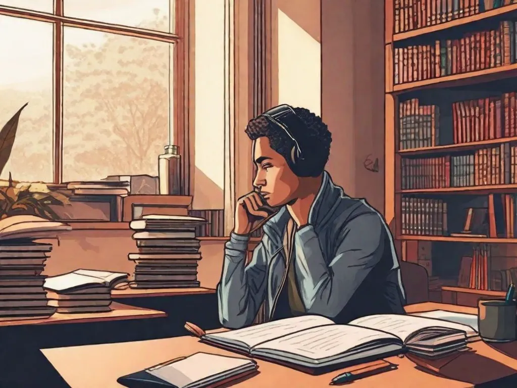 Descrição da imagem: Uma pessoa sentada em uma mesa, cercada por livros e um laptop. Ela está mergulhada em pensamentos, com uma caneta na mão e um caderno aberto na frente. O quarto está cheio de luz natural, criando uma atmosfera calma e concentrada. A imagem representa a importância da atenção plena e autoconsciência na escrita.