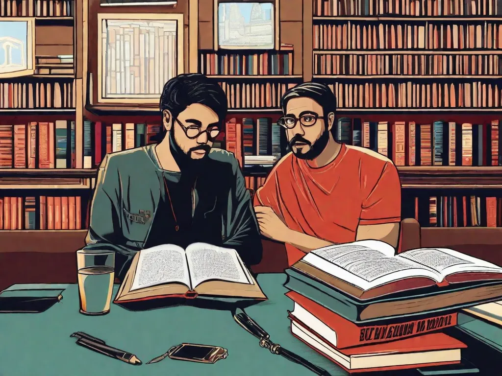 A imagem retrata um escritor sentado em sua mesa, cercado por livros e papéis. Ele está completamente concentrado, com os olhos fechados e a mão no queixo, refletindo sobre suas ideias. Ao fundo, há uma janela aberta, deixando a luz do sol entrar e iluminar sua mente criativa. A imagem transmite a conexão entre a consciência do escritor e sua habilidade de criar.