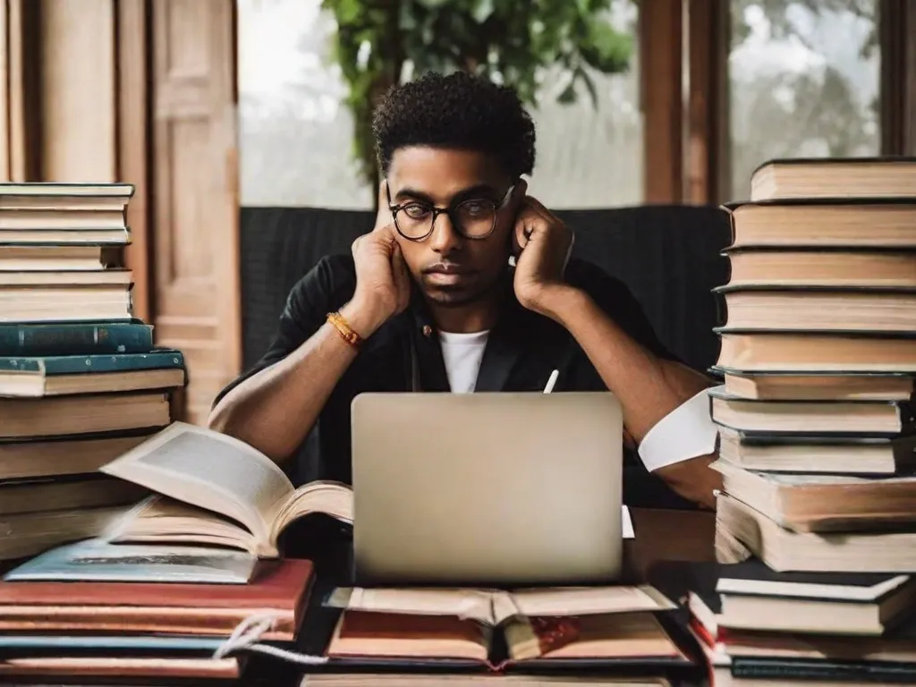 A imagem retrata um escritor sentado em uma mesa, cercado por livros e papéis. Ele está com os olhos fechados, completamente concentrado. Acima dele, uma nuvem de pensamentos e ideias flutua no ar, simbolizando a importância da consciência na criação literária.