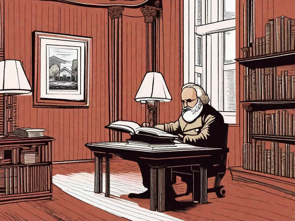 de qualidade. O escritor parece imerso em seus pensamentos, buscando inspiração e ideias para suas obras. A máquina de escrever antiga simboliza a tradição e a arte da escrita, enquanto as pilhas de livros e papéis representam o conhecimento acumulado e a pesquisa necessária para criar uma obra significativa. A iluminação na sala destaca a importância da clareza mental e da concentração durante