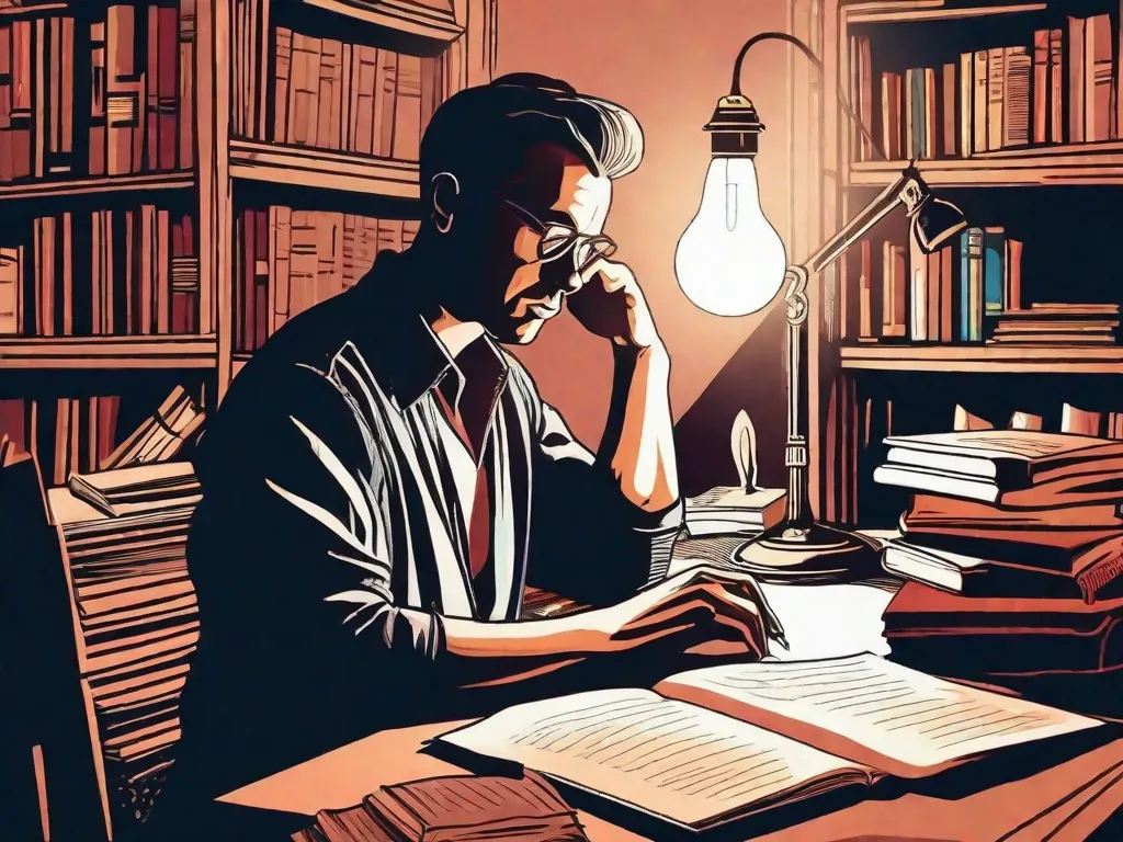 A imagem retrata um escritor sentado em uma mesa, cercado por livros e papéis. Ele está com os olhos fechados, completamente concentrado. Acima dele, uma nuvem de pensamentos e ideias flutua no ar, simbolizando a importância da consciência na criação literária.