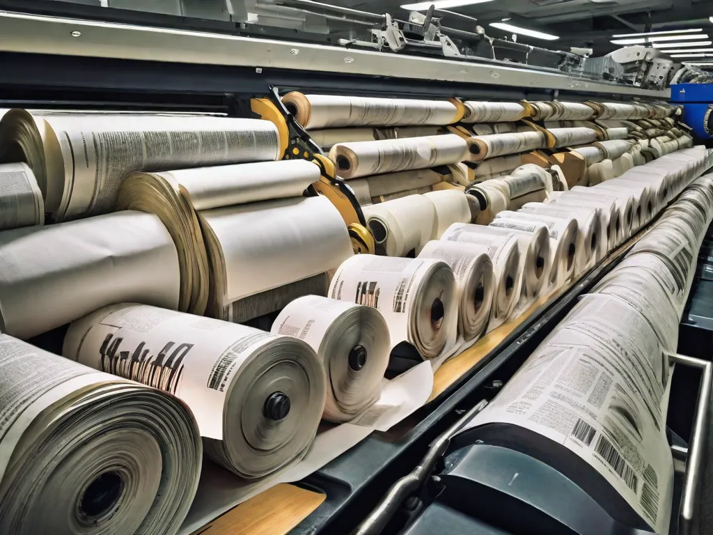 Uma imagem de uma impressora de jornal em ação, com grandes rolos de papel alimentando a máquina. A impressora está cercada por pilhas de jornais recém-impressos, simbolizando o papel vital da imprensa na indústria editorial. A imagem captura a natureza acelerada e dinâmica da mídia, destacando a importância da imprensa na disseminação de informações e na formação da op
