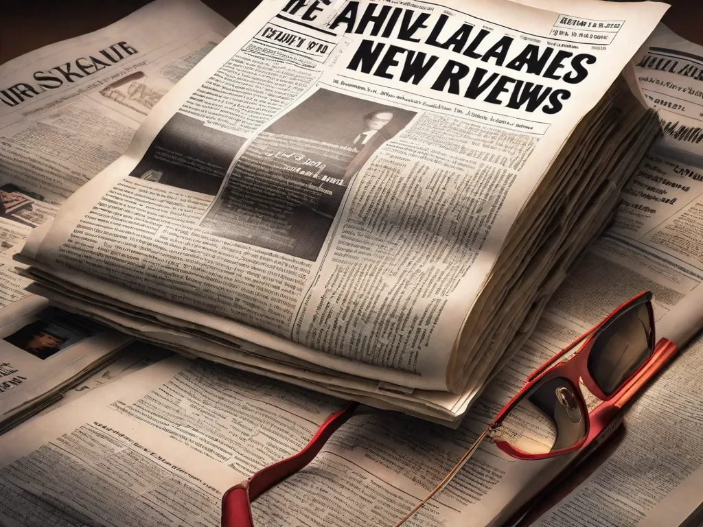 Uma imagem de um jornal com manchetes sobre novos lançamentos de livros, resenhas de livros e entrevistas com autores. A imagem também inclui uma pilha de livros com o jornal colocado em cima, simbolizando a influência da imprensa na formação do mercado e no despertar do interesse dos leitores pela literatura.