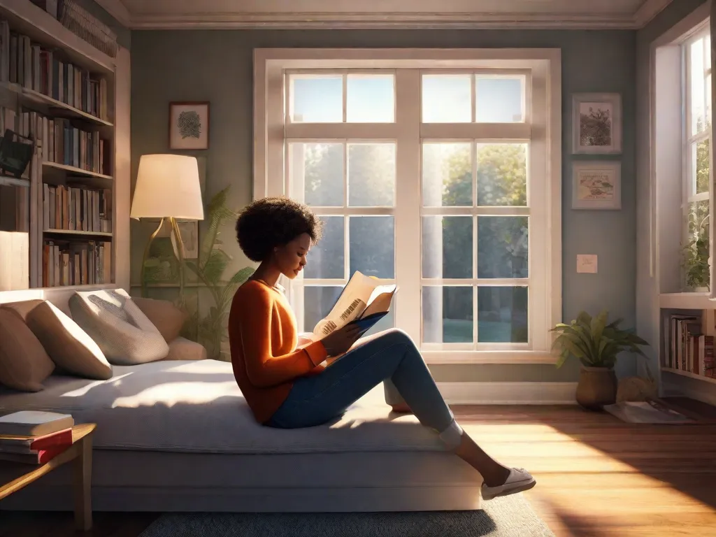 Descrição da imagem: Uma pessoa sentada em um cantinho aconchegante de leitura, cercada por uma pilha de livros. A pessoa está segurando um jornal com uma manchete sobre um livro recém-lançado. Raios de sol penetram pela janela, iluminando o ambiente e criando uma atmosfera de empolgação e antecipação para a leitura.