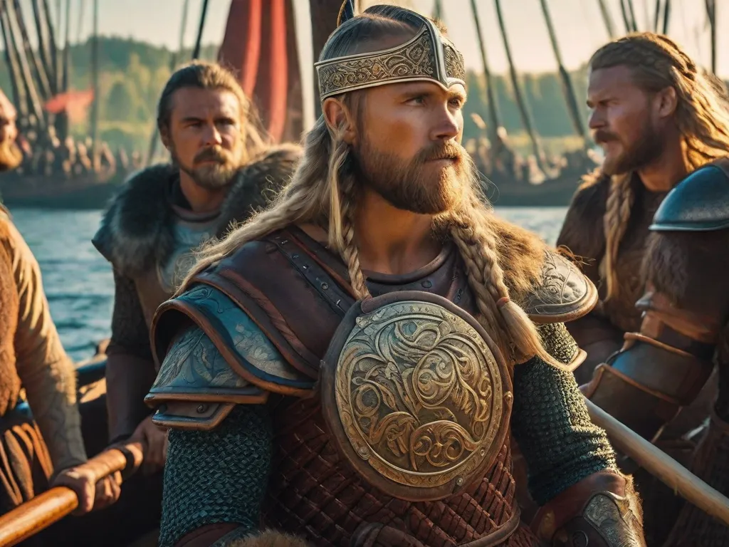 Uma imagem vibrante captura a essência da vida diária dos Vikings. Um grupo de guerreiros vestidos em armaduras intrincadamente desenhadas fica orgulhosamente em um navio longo, suas expressões ferozes refletindo seu espírito indomável. Ao fundo, uma vila viking movimentada está cheia de atividade, mostrando a habilidade artesanal, o comércio e os laços